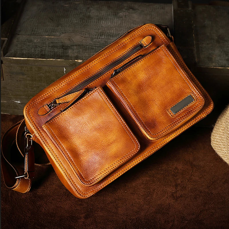 Denny&Dora Messenger Bag Mens Cow Leather Travel Bag Crossbody Briefcase Business Bag Casual Shoulder Bag Vintage Brown Handbag