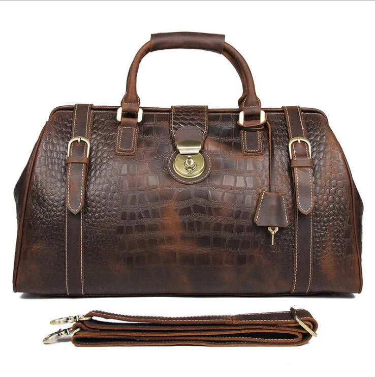 Luufan Mens Vintage Genuine Leather Travel Bag Alligator Pattern Capacity Crocodile Travel Duffle Carry On Luggage Overnight Bag