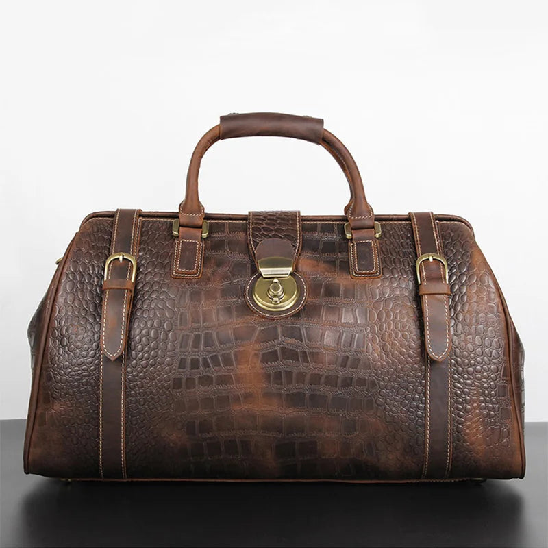 Vintage Crazy Horse Genuine Leather Mens Travel Bag With Lock Big Capacity Crocodile Travel Duffle Bag Male Carry On Luggage Bag