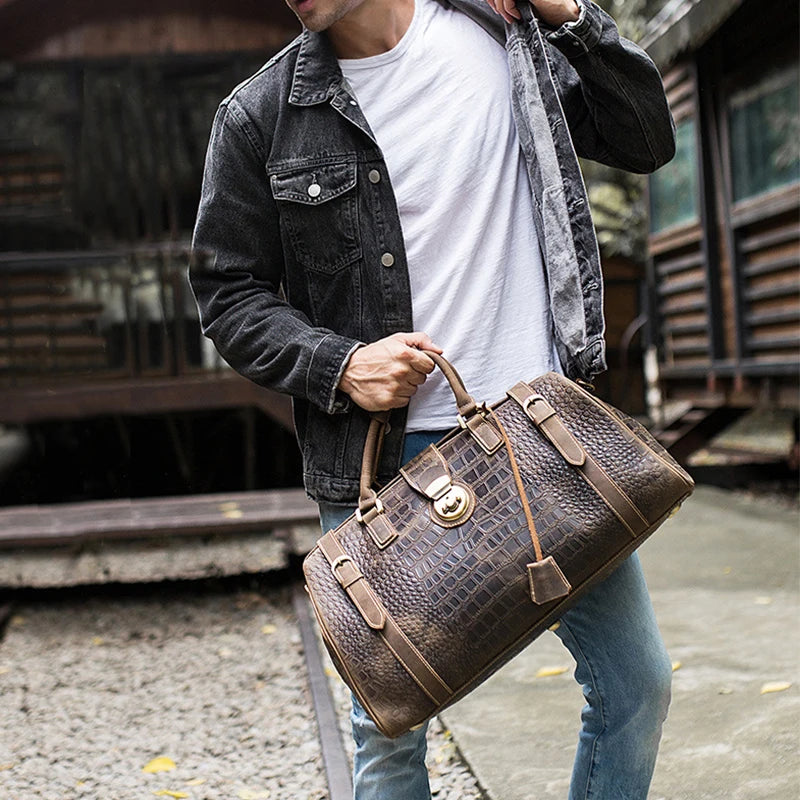 Luufan Mens Vintage Genuine Leather Travel Bag Alligator Pattern Capacity Crocodile Travel Duffle Carry On Luggage Overnight Bag