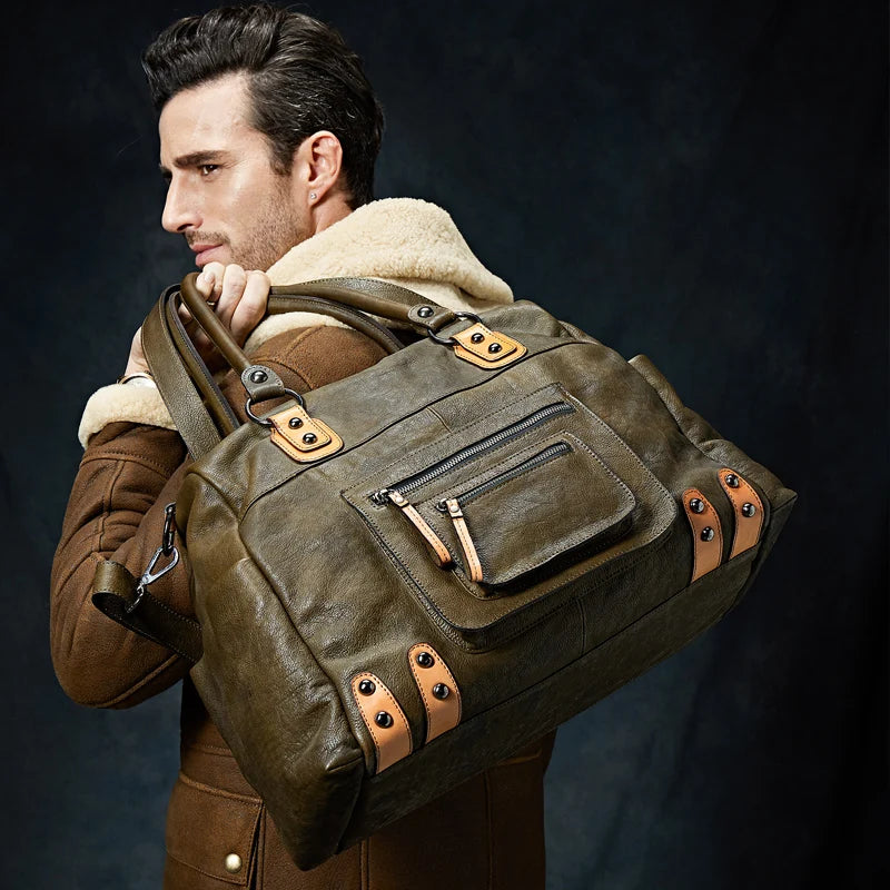 Denny&Dora Classic Fashion Travel Bag - Luxury Men's Cow Leather Large Capacity Travel Bag