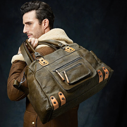 Denny&Dora Classic Fashion Travel Bag - Luxury Men's Cow Leather Large Capacity Travel Bag