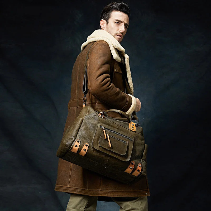 Denny&Dora Classic Fashion Travel Bag - Luxury Men's Cow Leather Large Capacity Travel Bag