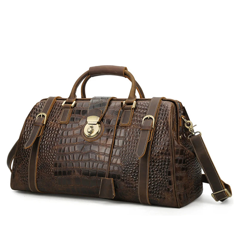 Luufan Mens Vintage Genuine Leather Travel Bag Alligator Pattern Capacity Crocodile Travel Duffle Carry On Luggage Overnight Bag