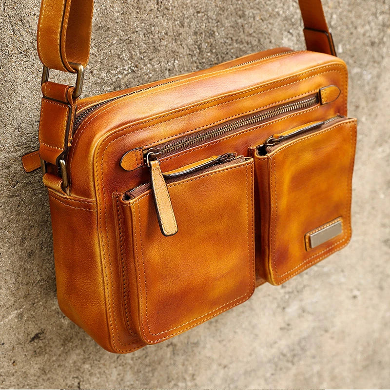 Denny&Dora Messenger Bag Mens Cow Leather Travel Bag Crossbody Briefcase Business Bag Casual Shoulder Bag Vintage Brown Handbag