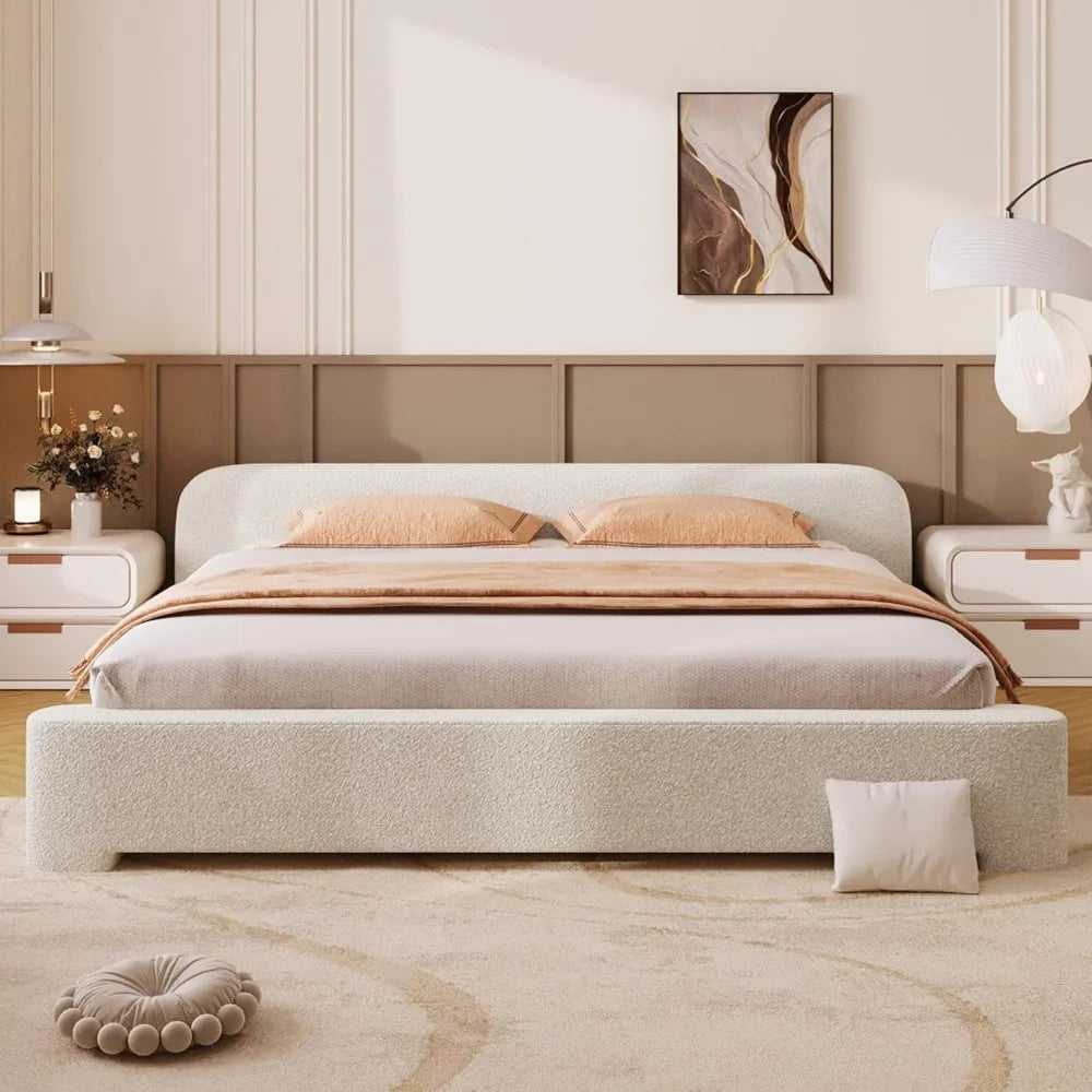 Upholstered Cloud Platform Bed Frame with Rounded Corners King Low Bed Frame with Headboard Ground Bed Frame for Adults