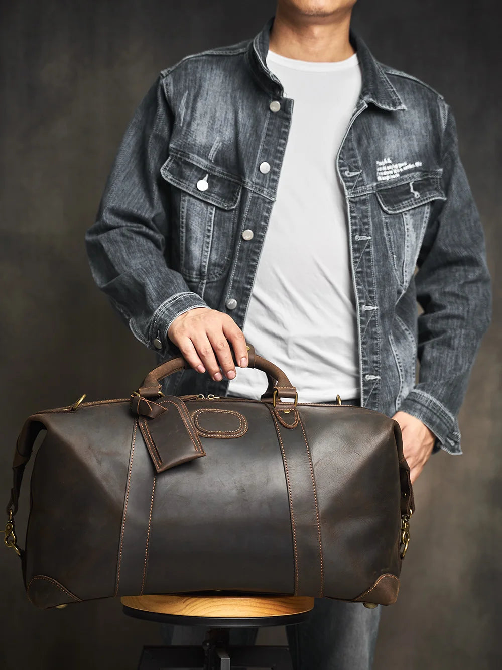 Customised Laser Engraving Crazy Horse Genuine Leather Men Travel Bag Real Leather Travel Duffel  Male Luuage Handbag Duffle