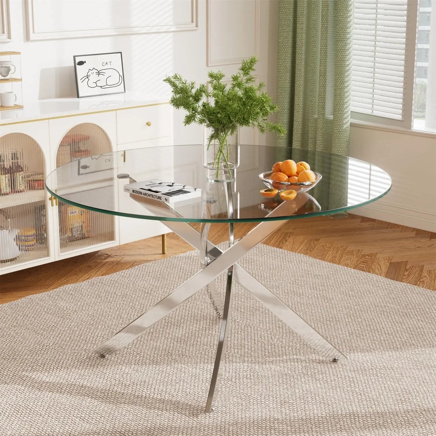 47 Inch round Glass Dining Table for 4 Clear Tempered Glass Top Gold Metal Legs Circle Dining Table