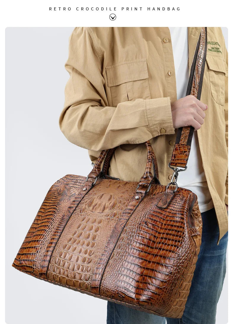 Crocodile Pattern Leather Men's Handbag Short Business Trip Hand-Carrying Tote Shoulder Bag Away Luggage Bag Vintage Travel Bags