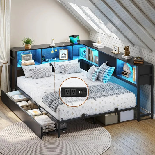 DICTAC Full Corner Bed Frame with Bookcase Storage and Led Lights Metal Platform Bed Frame Full Size with Storage Drawers & Char
