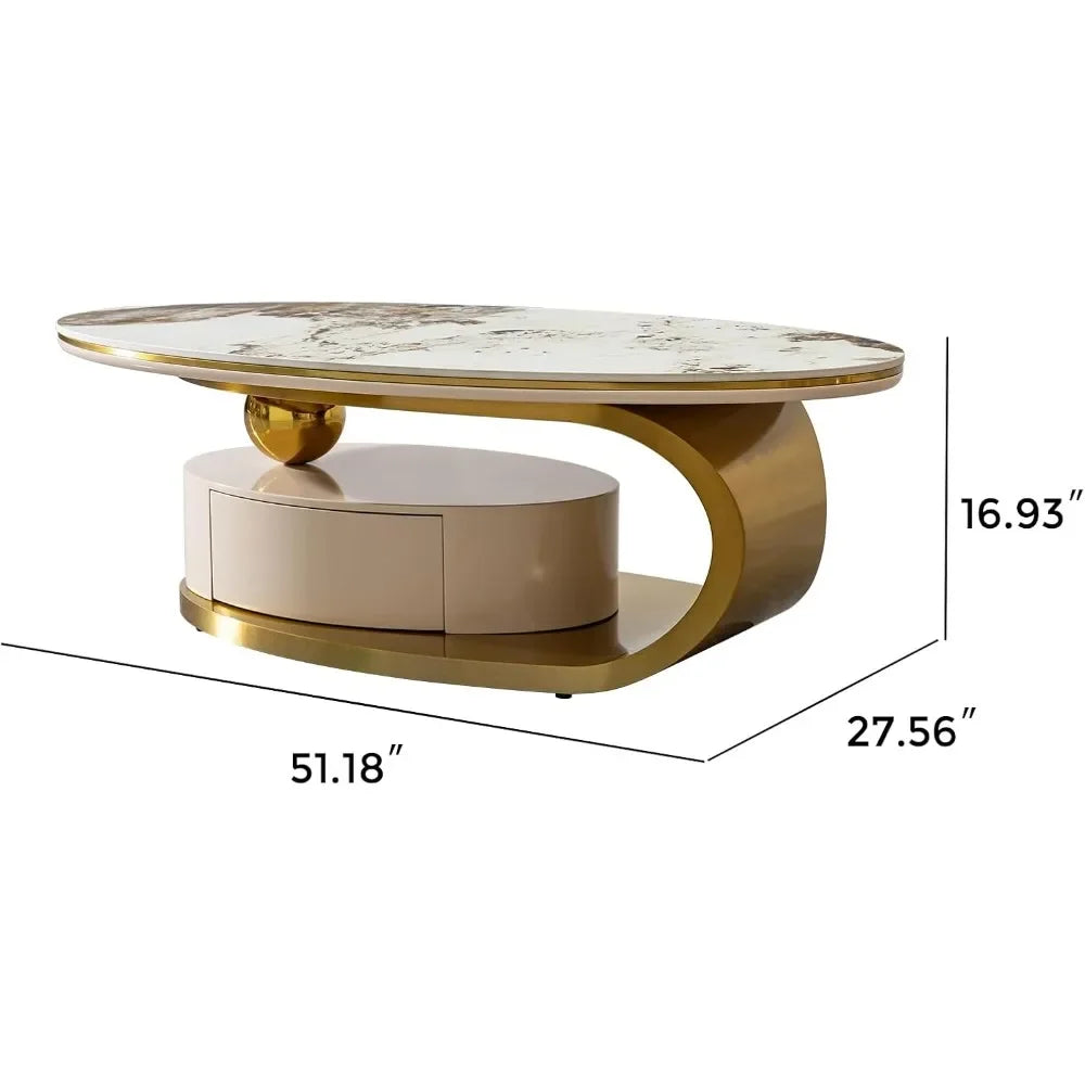 Faux Marble Coffee Table with Drawer,Oval Living Room Table with Metal Base,0.47" Marble Grain Top