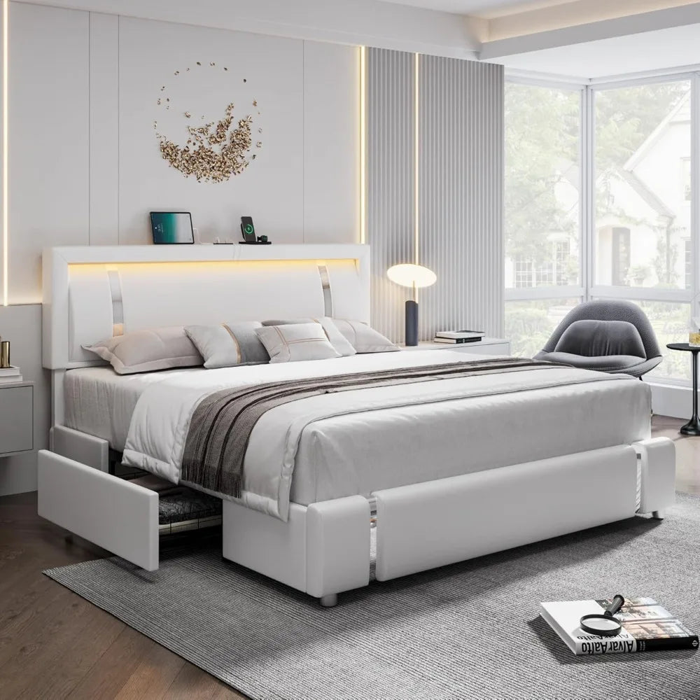 Queen/Full Bed Frame with RGB LED Lights Headboard & 2 Storage Drawers, Sturdy wooden frame, Modern Upholstered Faux Leather Bed