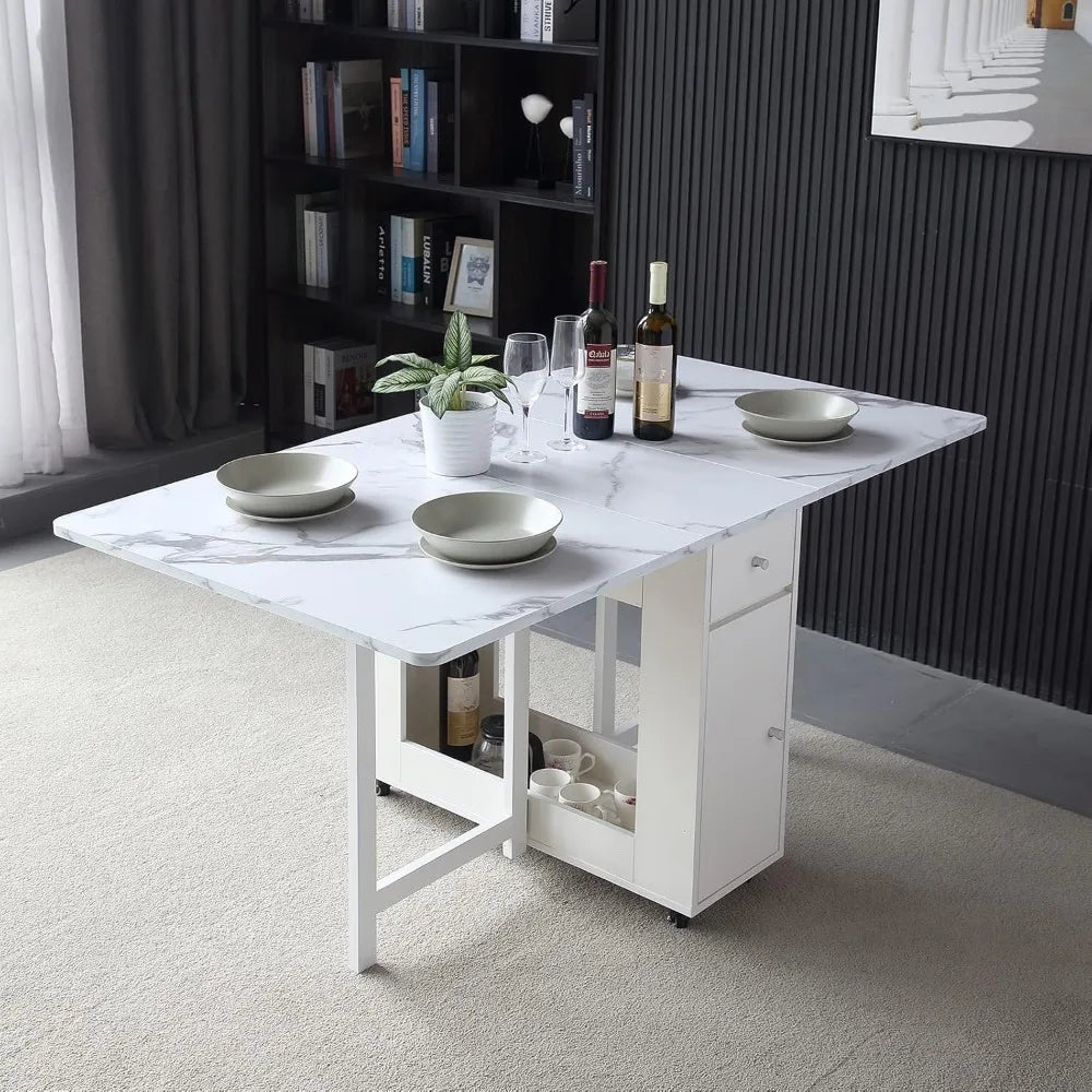 Space-Saving Extendable Folding Dining Table with Storage Rack and Drawers, White