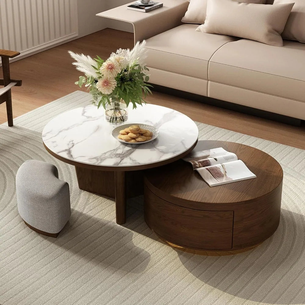Coffee Table Set 2 -Walnut Coffee Table with Drawer and Stools - Marble Circular Stone Tabletop Modern Design Round Coffee Table