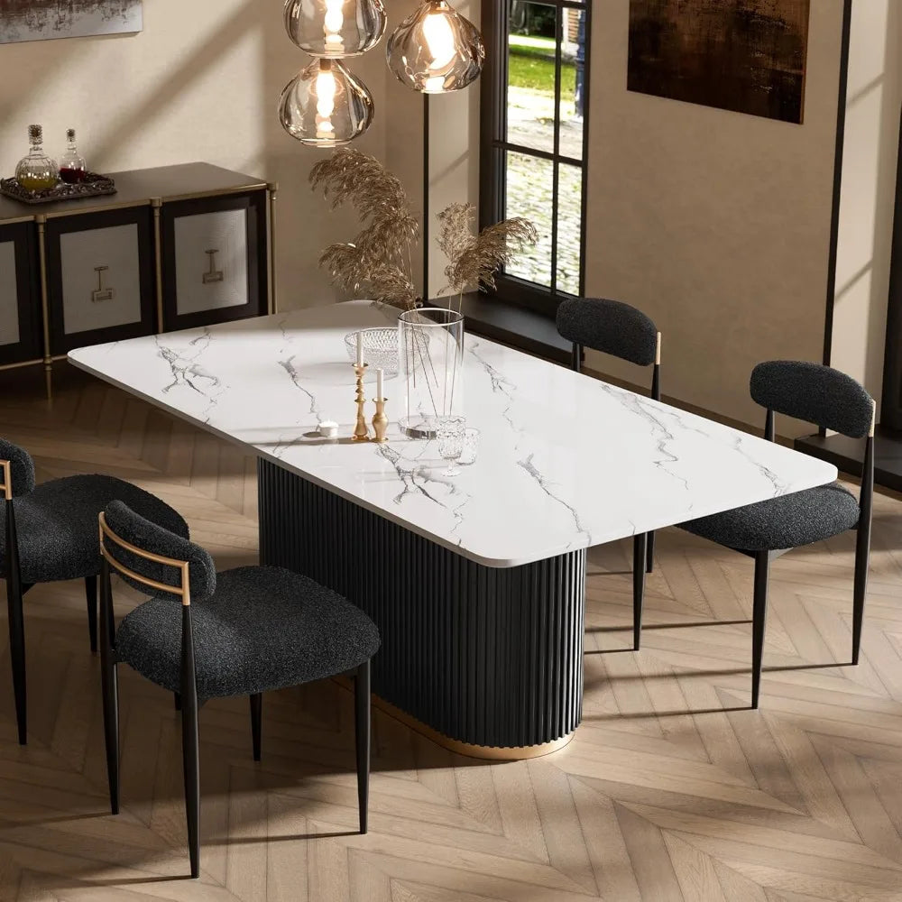 70" White Rectangular Faux Marble Dining Table with Black Fluted Base for 6, Suitable for Kitchen and Reception
