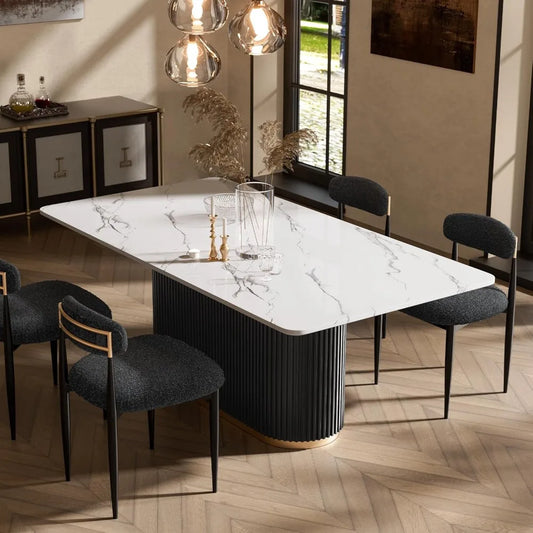 70" White Rectangular Faux Marble Dining Table with Black Fluted Base for 6, Suitable for Kitchen and Reception