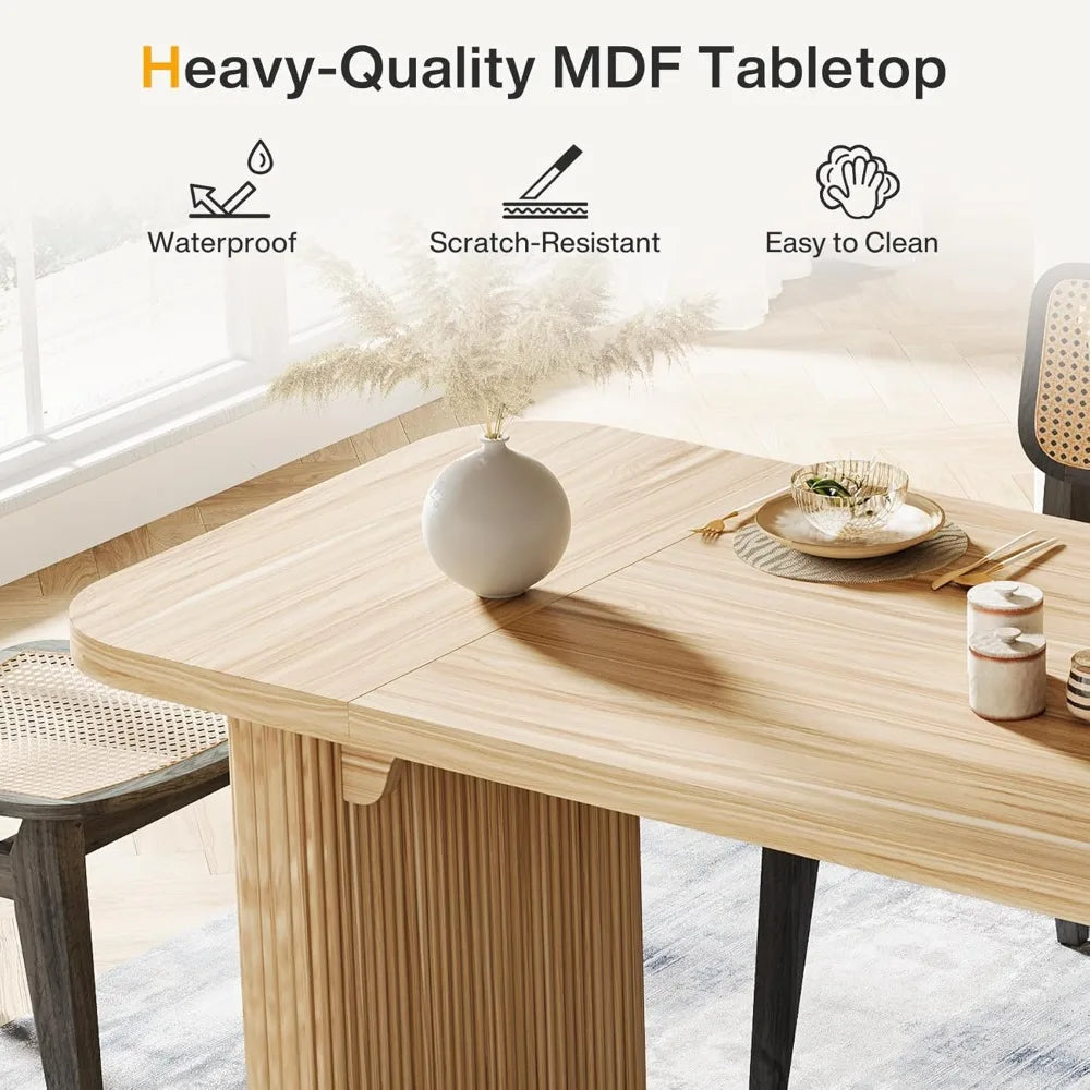 Modern Dining Table for 6 People, 63-Inch Natural Wood Kitchen Table with Double Robust Pedestal, Long Rectangle Wood