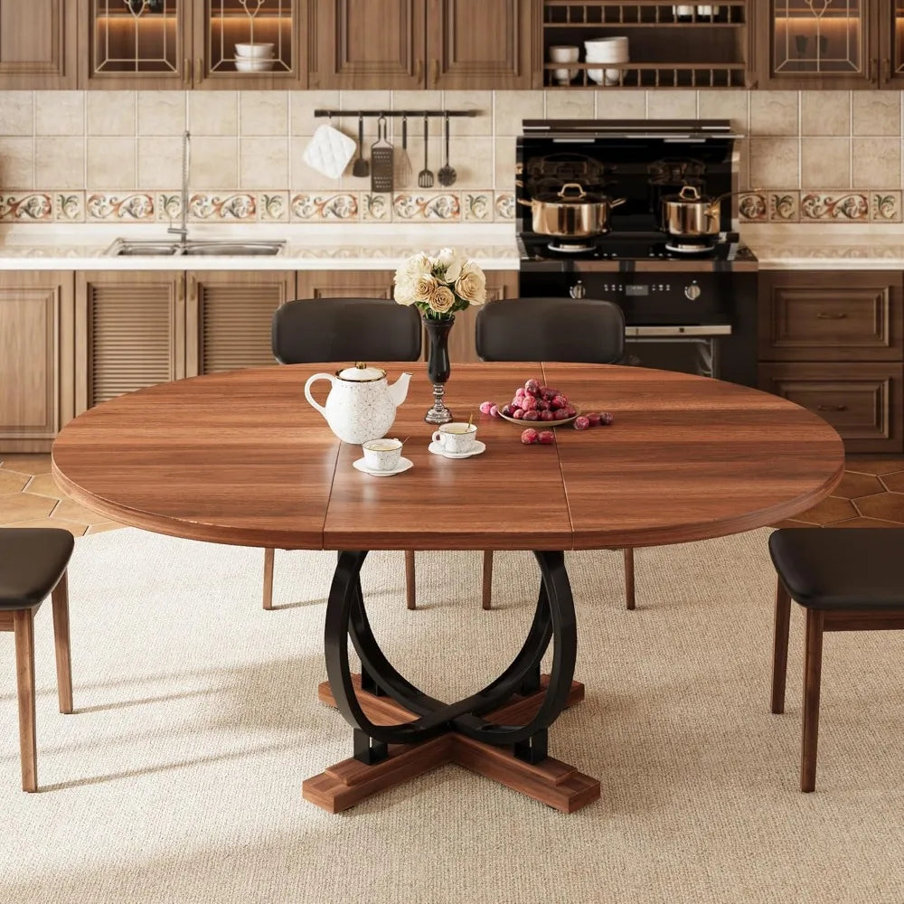59'' Extendable Round Dining Table for 4 to 6, Kitchen Table with Sturdy X-Base Metal Legs, MDF Board with Backboard Clasp, Expa