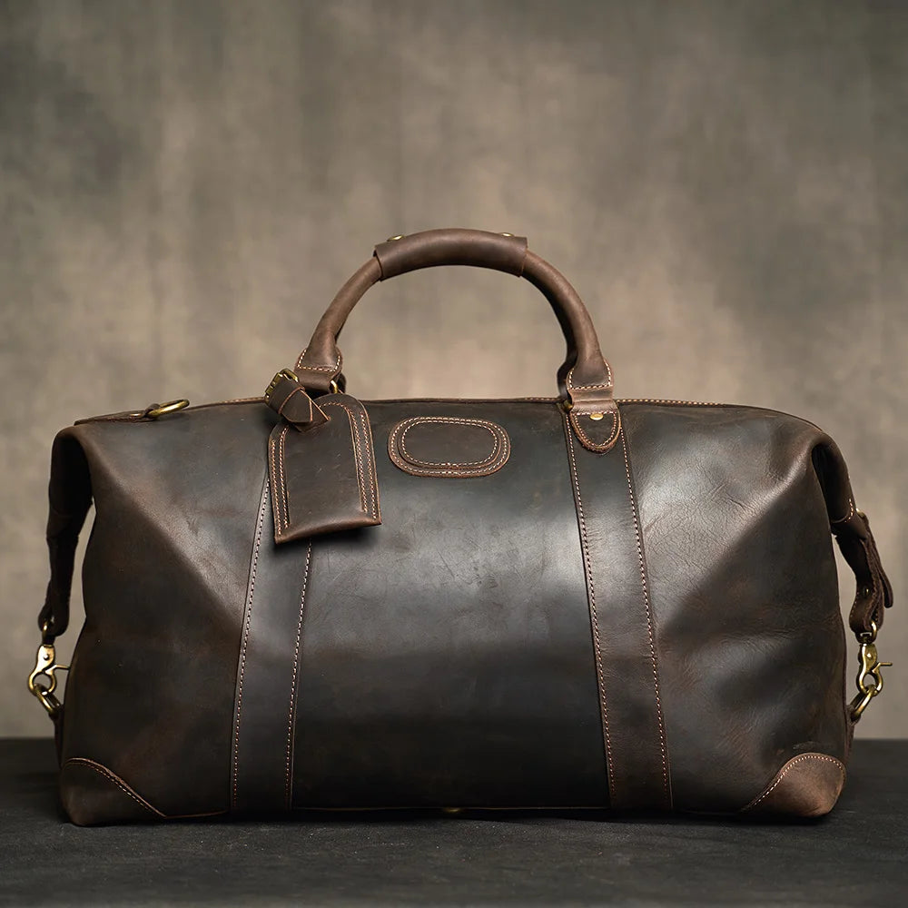 Customised Laser Engraving Crazy Horse Genuine Leather Men Travel Bag Real Leather Travel Duffel  Male Luuage Handbag Duffle