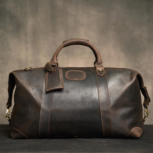 Customised Laser Engraving Crazy Horse Genuine Leather Men Travel Bag Real Leather Travel Duffel  Male Luuage Handbag Duffle