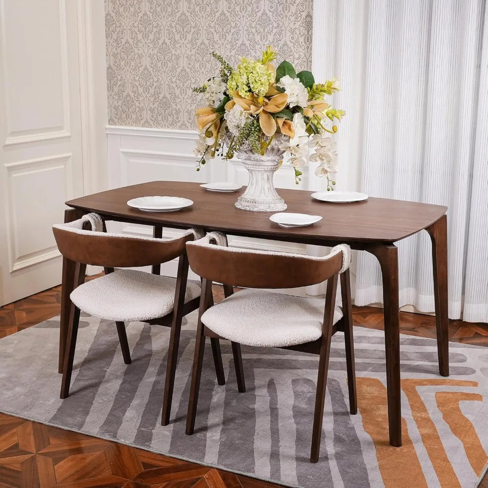 Dining Table for 4-6, Table Only, Walnut Veneer Top, Solid Wood Frame, Round Rectangular Shape,Softly Curved Edges,Elegant Look