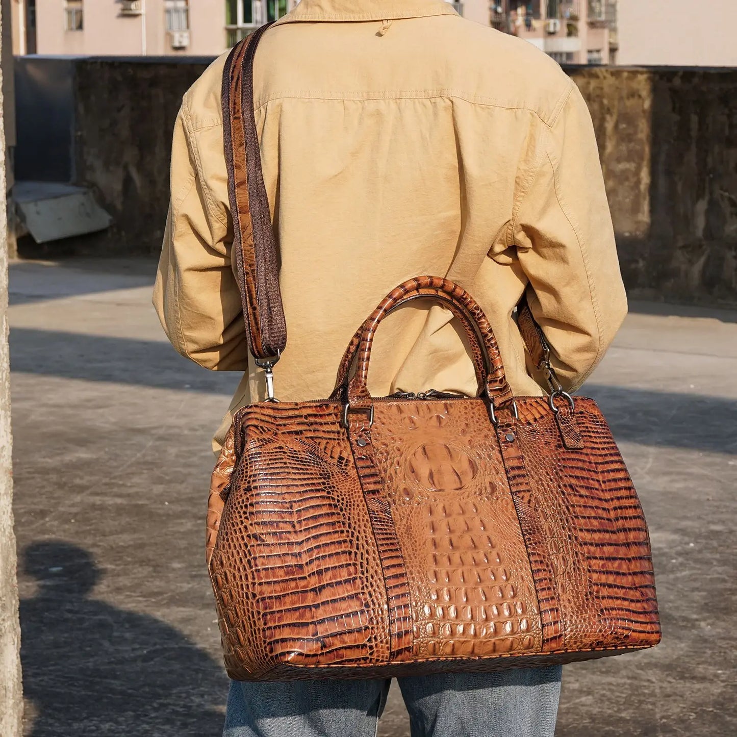 Crocodile Pattern Leather Men's Handbag Short Business Trip Hand-Carrying Tote Shoulder Bag Away Luggage Bag Vintage Travel Bags