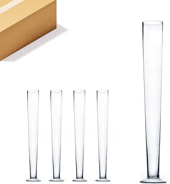 Bulk Clear Glass Trumpet Vases, Open 5, Height 31.5, Multiple Sizes, Tall Pilsner Floral Planter Container Centerpiece Options