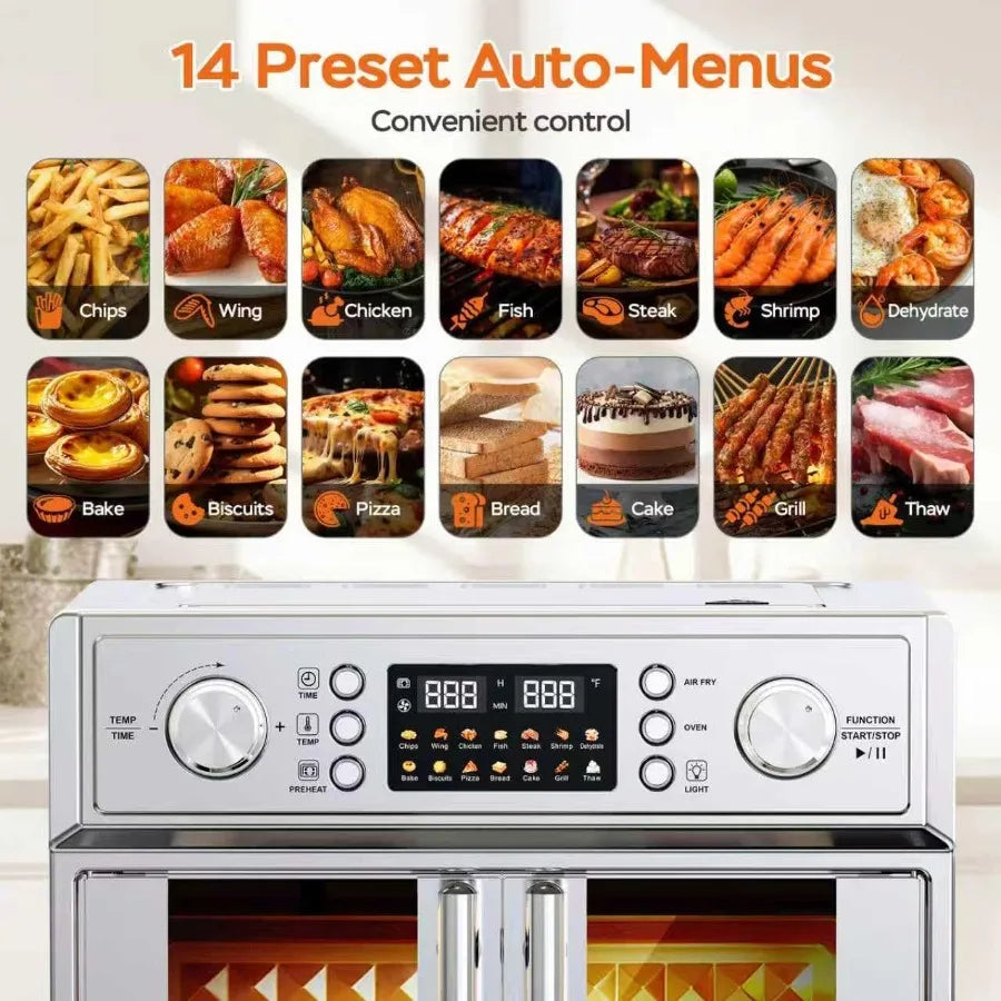 27.5QT French Door Air Fryer Toaster Oven Combo Countertop Oven with 14 Presets Digital Control Stainless Steel Large Toaster O