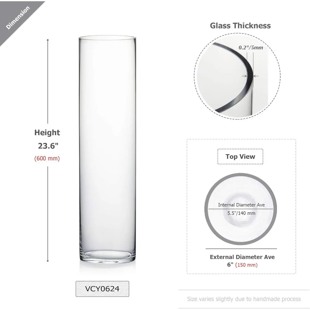 Clear Glass Cylinder Vase, 6 Wide and 24 Tall, Ideal for Wedding Centerpieces, Party Events, and Tall Candle Holders