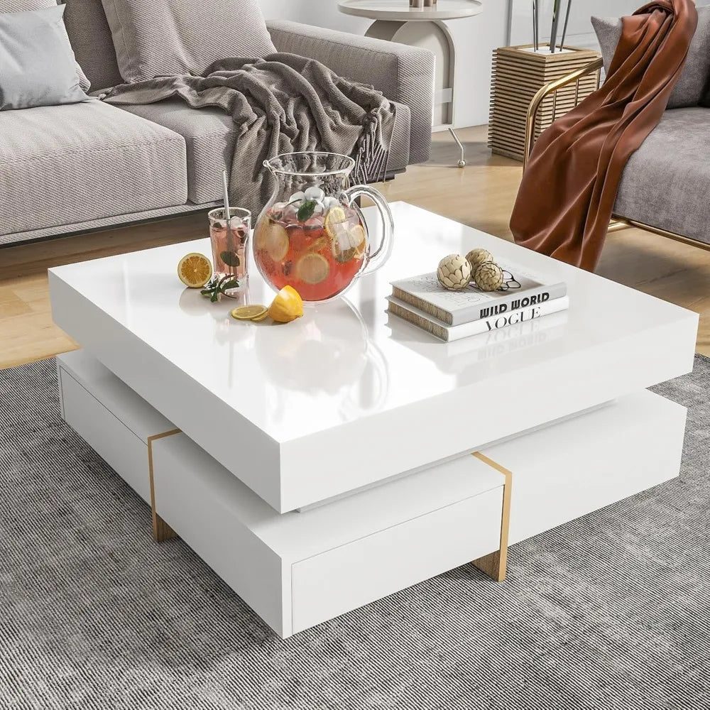"31" Modern Coffee Table - Storage Drawers & High Gloss Finish, Square Design for Living Room/Office"