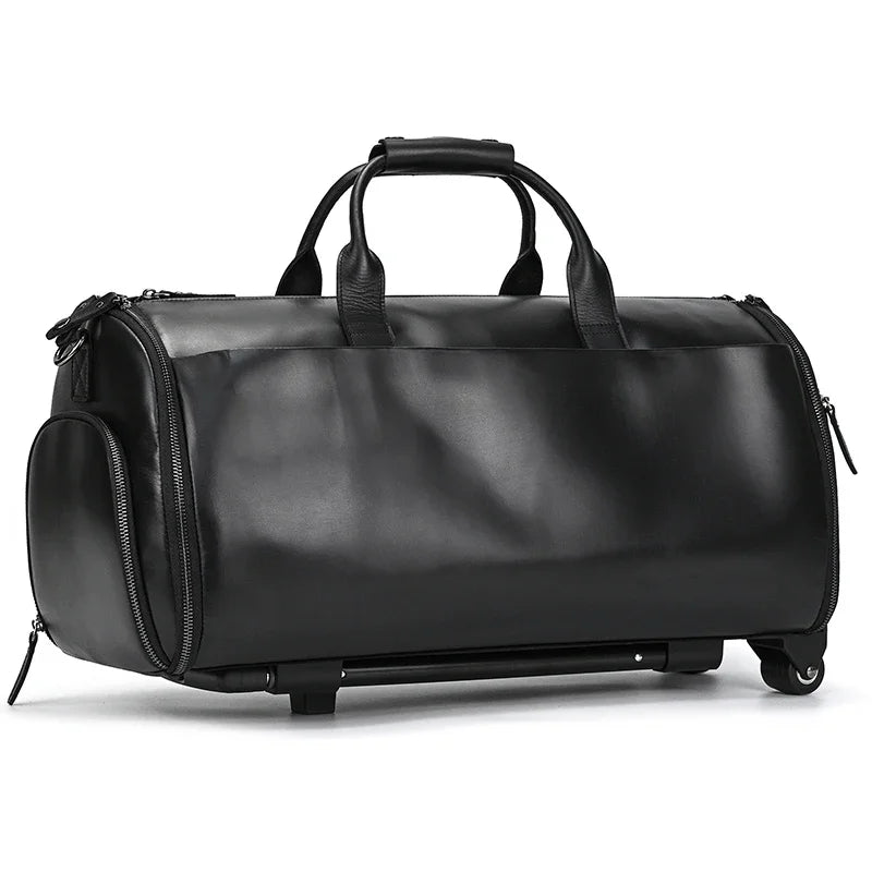 Large Capacity Tolley Case Genuine Leather Handbag with Roller Trolley Bag for Men Male Shoulder Bag for Business with Shoe Bag