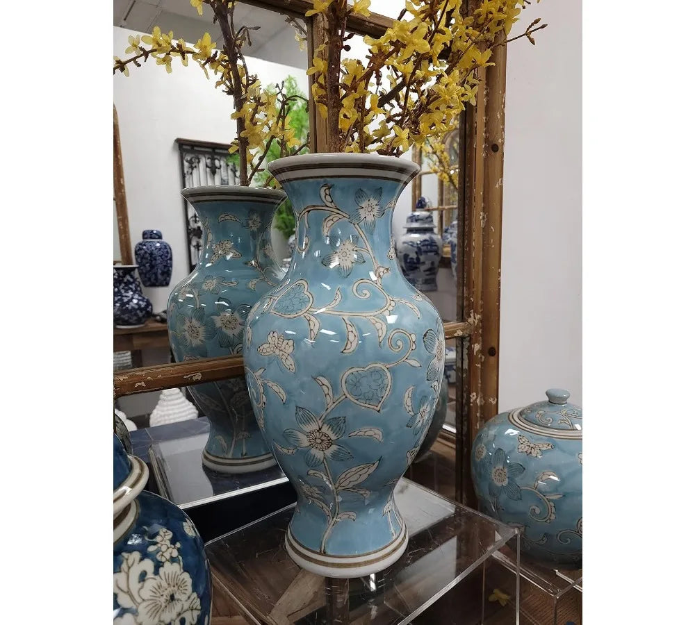 Hand Painted Blue White Floral Ceramic Vase 14" Antique Porcelain Flower Bottle Home Decor Centerpiece Gift