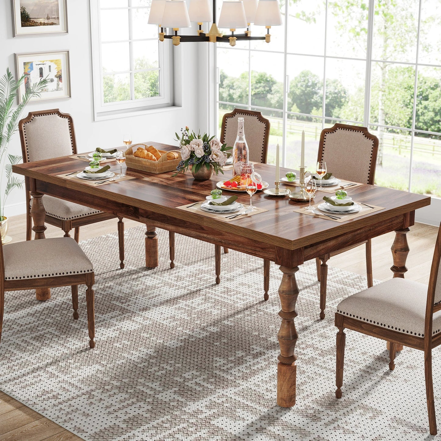 62" Farmhouse Wood Dining Table for 4 to 6 People, Large Rectangle Kitchen Table