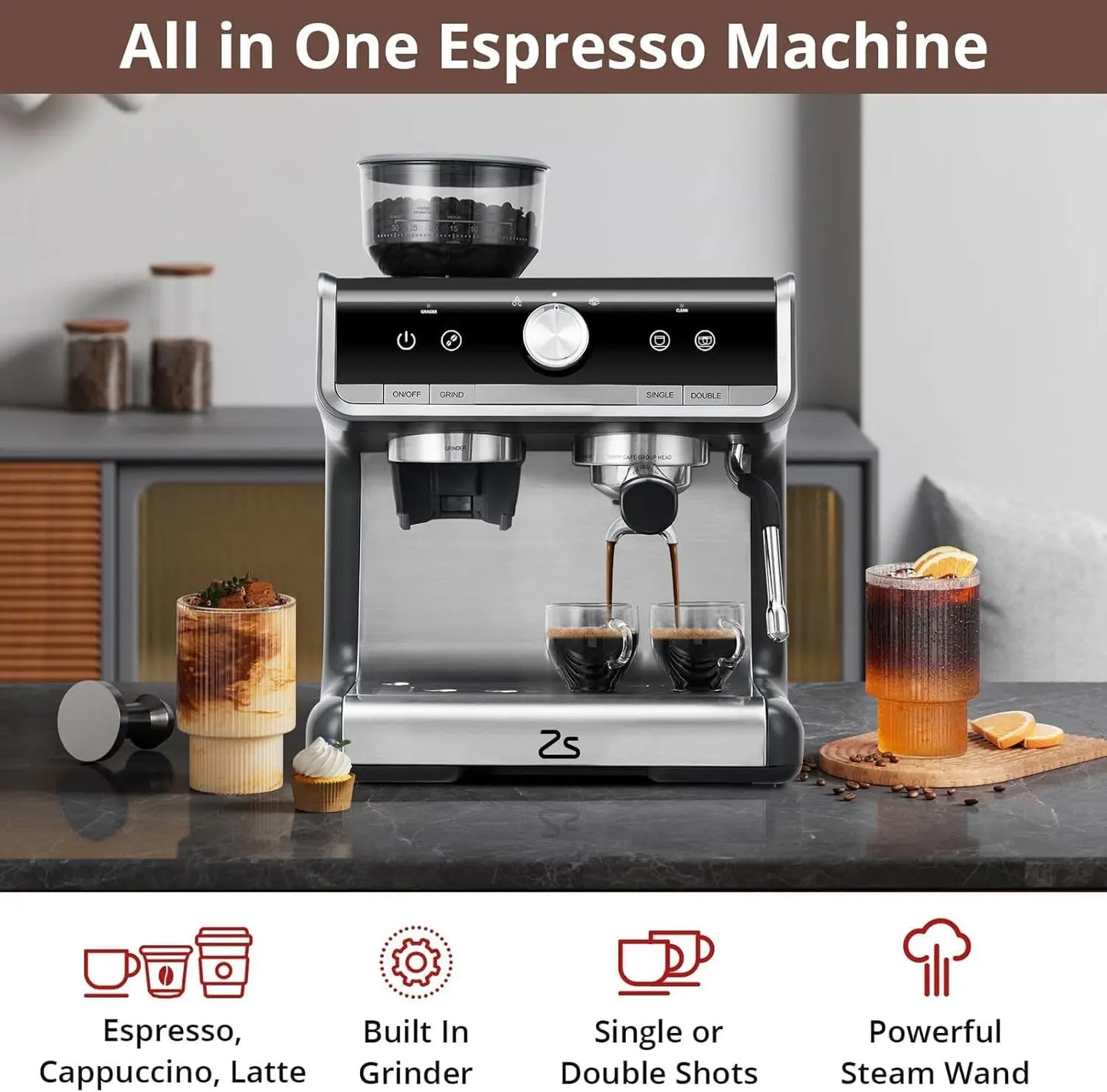 Coffee Machine, Espresso Machine With Grinder, Milk Frother Wand, 1450W/20 Bar Professional Coffee Machine, Professional Barista