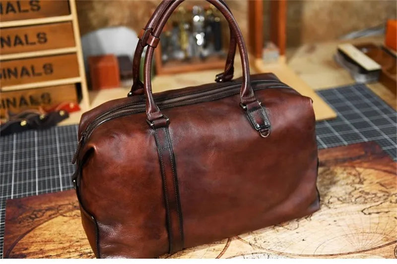Vintage designer handmade natural genuine leather large-capacity men's travel bag business casual cow leather soft handbag