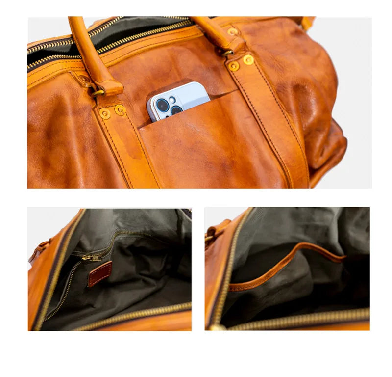 Vintage fashion luxury genuine leather men's travel bag outdoor weekend large capacity crossbody bag real cowhide women handbag