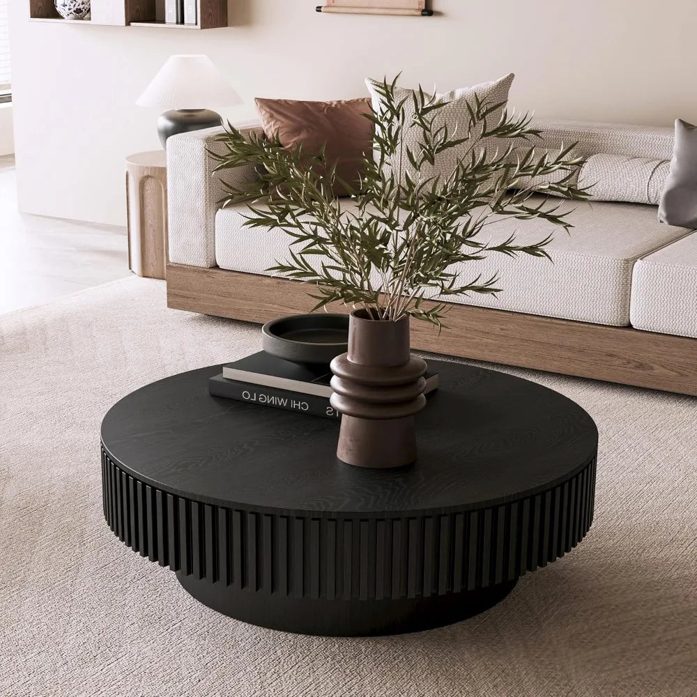 39.37 Inch Round Drum Coffee Table with Storage, Handcraft Fluted Drum Coffee Table, Modern Wooden Round Coffee Table Center Tab