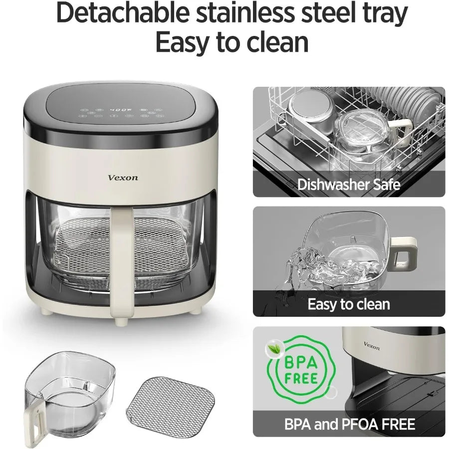 6IN1 Glass Air Fryer 4.5QT with Viewing Glass Pot for Air Frying Roasting Reheating Dehydrating and Air Crisping Technology Non