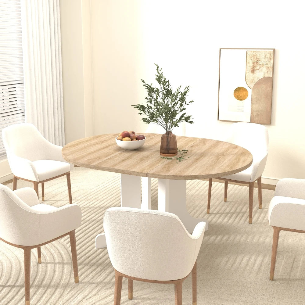 Dining Table for Farmhouse Kitchen 59x43 Inch Expandable Oval Table Top with Removable Leaf Trestle X Shaped Base White