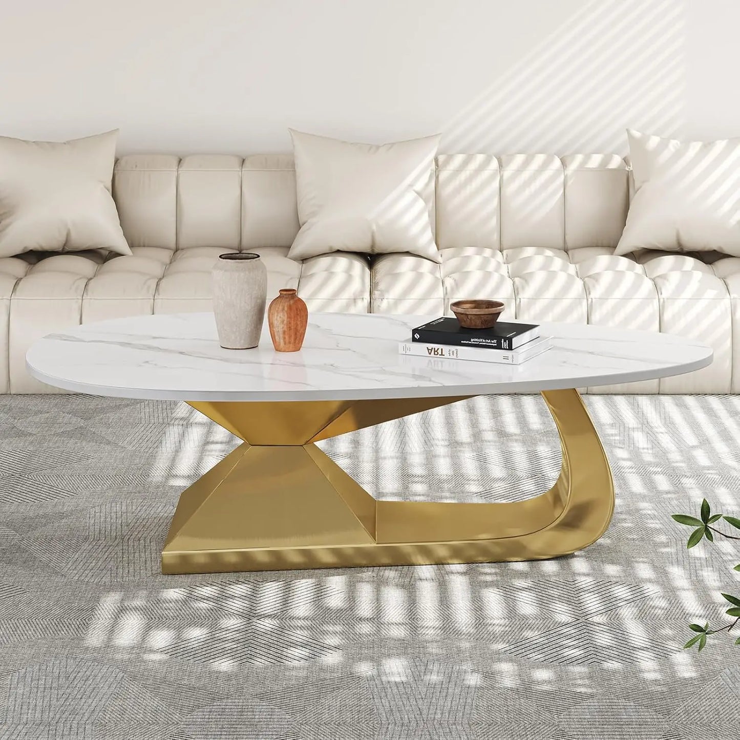 Modern Oval Stone Coffee Table with Gray Metal Base - Elegant Centerpiece for Stylish Living Rooms - 49.2" Lx27.6 Wx15.8 H
