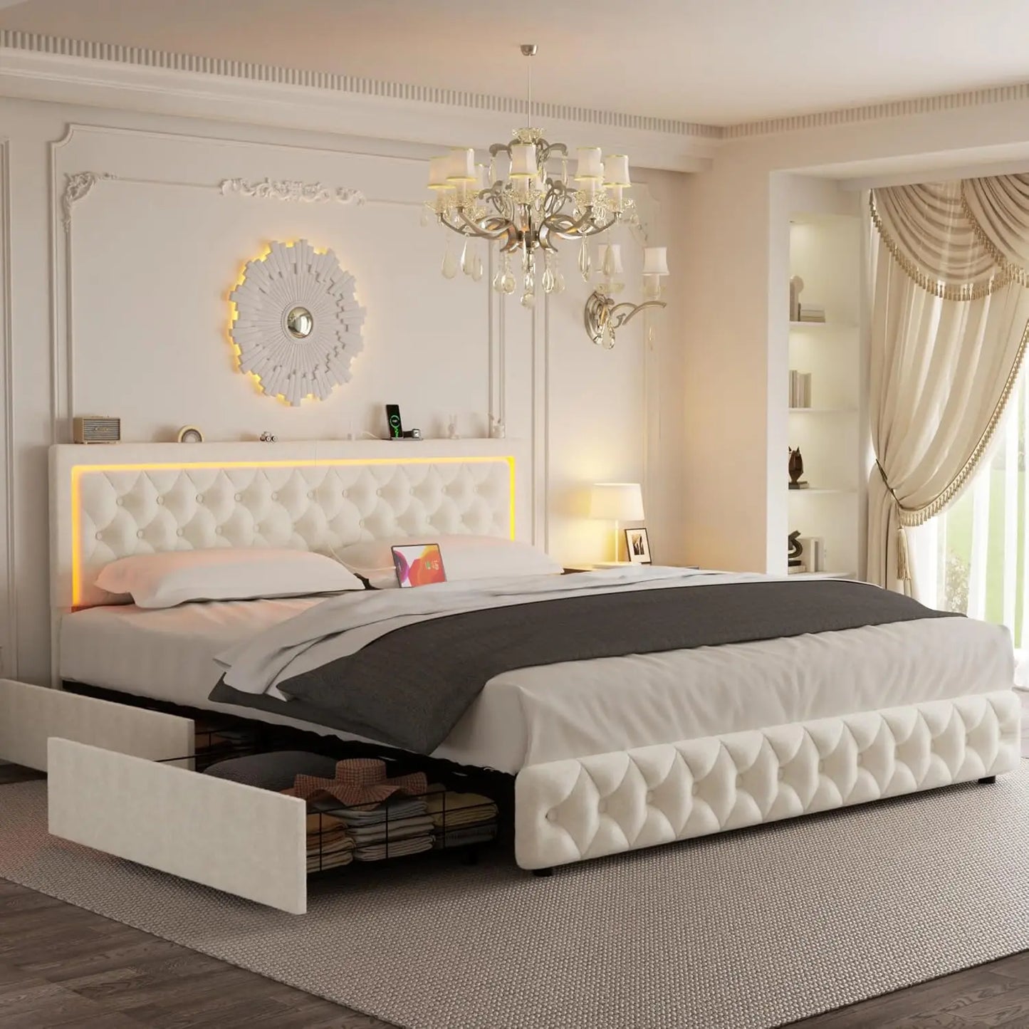 Queen Bed Frame with 4 Storage Drawers, Velvet Upholstered Bed Frame Queen Size with Charging Station and LED Lights, 46" Adjust
