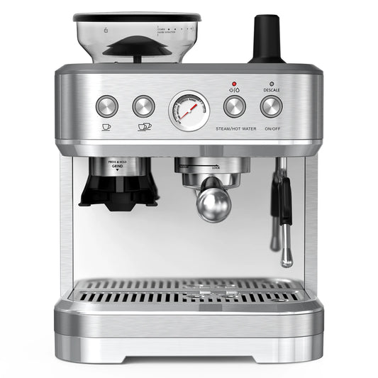 Espresso Machine with Grinder, Stainless Steel 15 Bar Coffee Machine with Milk Frother Coffee Maker for Home Latte Cappuccino