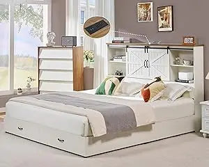 VanAcc Queen Size Bed Frame, Wooden Platform Storage Bed with 51.2" Bookcase Headboard, 2 Drawers, Charging Station/No Box Sprin