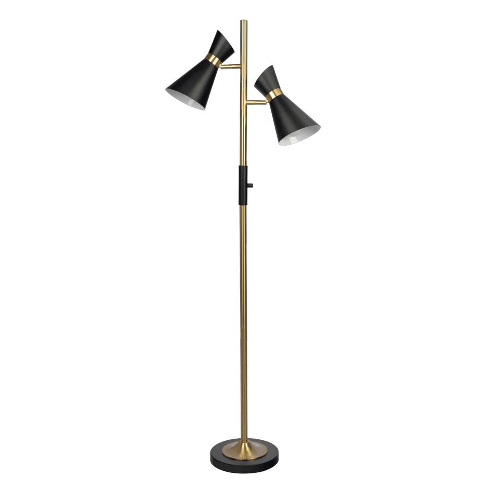Axis Brassed Gold Floor Lamp 4-Way Switch Double Spots Metal Base Illuminate Your Space with The Axis Brassed Gold Floor Lamp