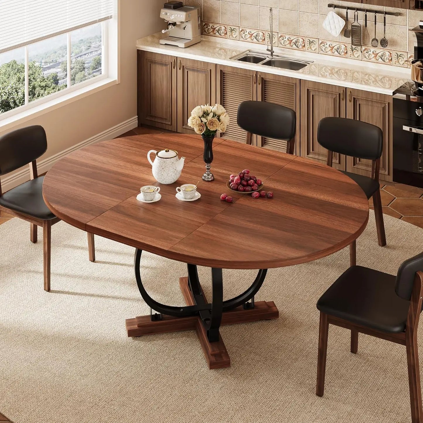59'' Extendable Round Dining Table for 4 to 6, Kitchen Table with Sturdy X-Base Metal Legs, MDF Board with Backboard Clasp, Expa
