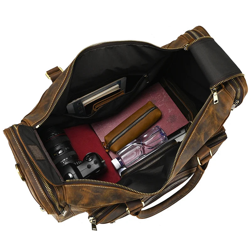 Exlarge Mens Crazy Horse leather Weekend Bag 22" Genuine Leather Travel Duffle Large Vintage Cowhide Zipper Bag Luggage Tote Bag