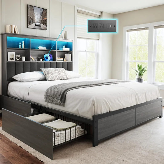 hisoft full bed frame with storage headboard, wood bed with high storage bookcase, 4 drawers & led & charging station,no box spr