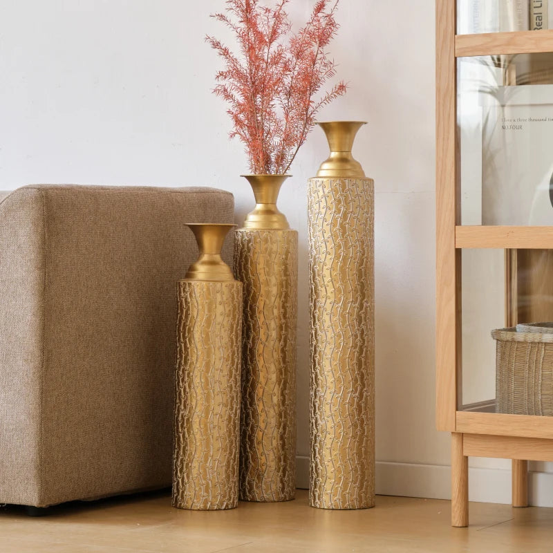 Metal Decorative High Distress Metal Center With Growing Vine Patterns Set Of 3 Vases For Home Decoration 34 29 "25 "H Gold