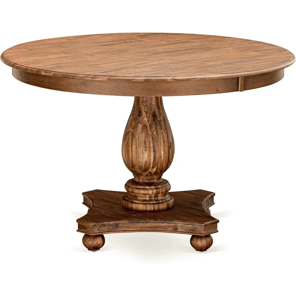 f2mz7-n04 7 piece dining room furniture set consist of a round dining table with pedestal and 6 light tan linen fabric upholste