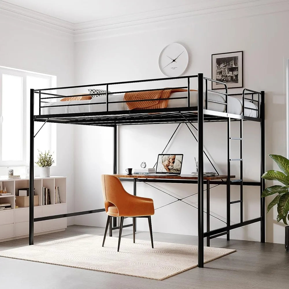 Queen Loft Bed with Flat Rungs for Adults, Kids and Young Teens, No Box Spring Required, Heavy Duty Metal Slat Support